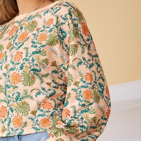 orange floral print lantern sleeve spring sweater - Picture 2 of 4